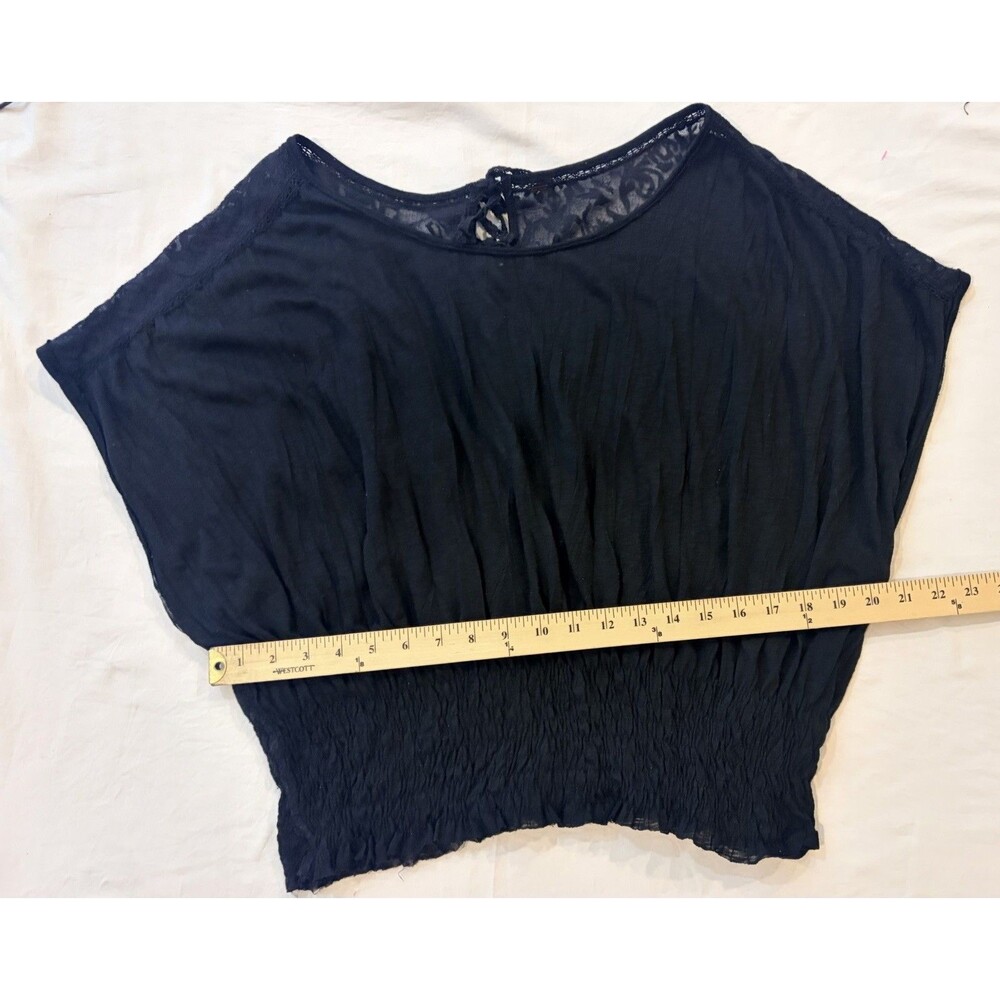Free People Sheer Black Mixed Lace Dolman Sleeve Blouson Top - Smocked Waist - Picture 10 of 13
